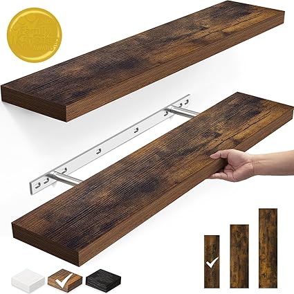 Floating Shelves, 22.5" Wall Mounted Wood Shelves for Bathroom, Bedroom, Living Room, Kitchen, Hanging Shelf for Books/Storage/Decor with 22lbs Capacity (Rustic Brown,Set of 2)